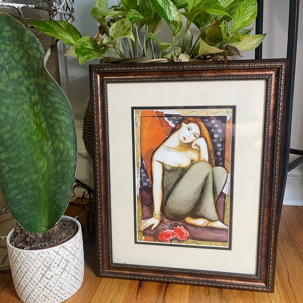 BENEDICTION by SUSAN KRIEG - STYLIZED WOMAN LADY GIRL SITTING FRAMED PRINT